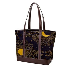 sun and moon art black pattern tote bags large leather canvas purses and handbags for women top handle shoulder satchel hobo bags