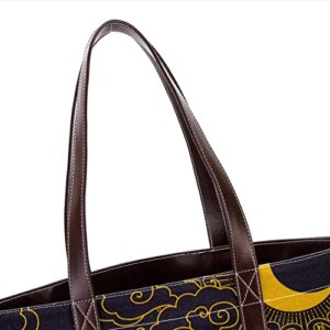 Sun and Moon Art Black Pattern Tote Bags Large Leather canvas Purses and Handbags for Women Top Handle Shoulder Satchel Hobo Bags