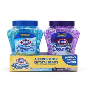 clorox fraganzia air freshener crystal beads double pack, fresh ocean breeze, lavender w/eucalyptus 12oz jars | vented jar air scent beads for homes, bathrooms, closets, or office