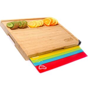 alto-peak collectives–100%extra-large bamboo wood prep cutting board for kitchen-4 plastic flexi mats–beautiful wooden charcuterie boards w/handles & 3 deep-compartments-chopping board-cell/ipad stand