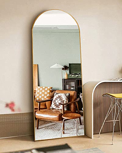 Otlsh Floor Mirror, Arched Full Length Mirror with Stand, Standing Mirror, Full Body Mirror, 64.2"×21.3" Large Mirror, Wall Mirror, Freestanding, Wall Mounted, 1.1" Thickness Aluminum Frame - Gold