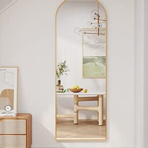 Otlsh Floor Mirror, Arched Full Length Mirror with Stand, Standing Mirror, Full Body Mirror, 64.2"×21.3" Large Mirror, Wall Mirror, Freestanding, Wall Mounted, 1.1" Thickness Aluminum Frame - Gold