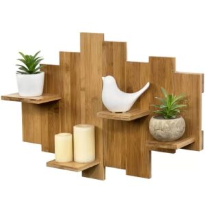 natural bamboo brown floating wall shelves (4 pieces) – retro elegant design for bedrooms and living rooms, easy-to-assemble with invisible brackets