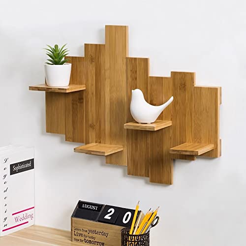 Natural Bamboo Brown Floating Wall Shelves (4 Pieces) - Retro Elegant Design for Bedrooms and Living Rooms, Easy-to-Assemble with Invisible Brackets
