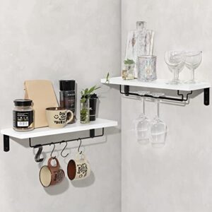 Afuly Wine Rack Wall with Glass Holder, 20 inch Long White Floating Shelf Wall Mounted for Stemware Liquor Bottles, Bathroom Wall Shelves with Towel Bar, Coffee Bar Shelves with 8 Hooks, Set of 2