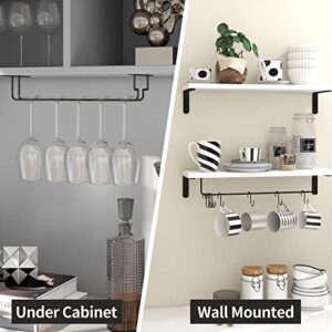Afuly Wine Rack Wall with Glass Holder, 20 inch Long White Floating Shelf Wall Mounted for Stemware Liquor Bottles, Bathroom Wall Shelves with Towel Bar, Coffee Bar Shelves with 8 Hooks, Set of 2
