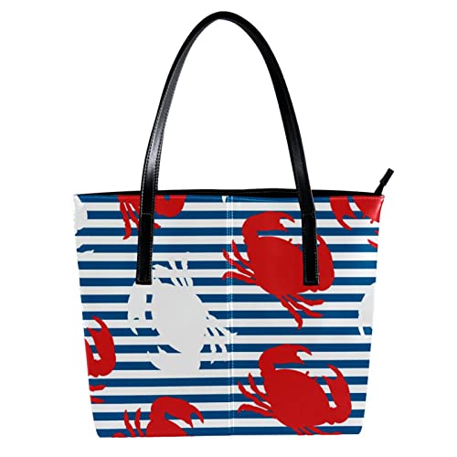 Tote Shoulder Bag for Women, Large Leather Handbags for Travel Work Beach Outdoors Red White Crab Blue Stripes