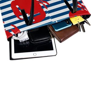 Tote Shoulder Bag for Women, Large Leather Handbags for Travel Work Beach Outdoors Red White Crab Blue Stripes