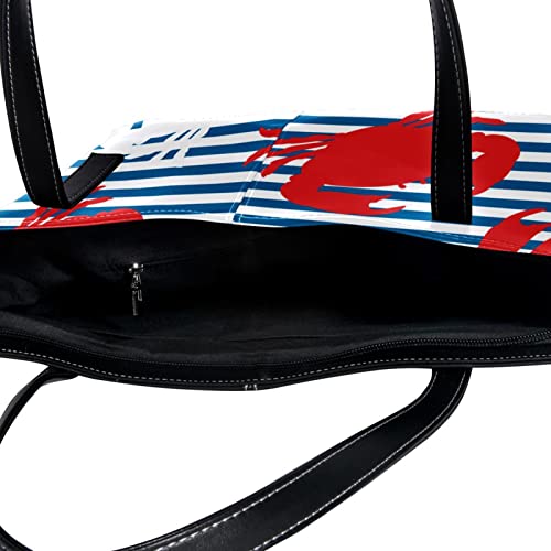 Tote Shoulder Bag for Women, Large Leather Handbags for Travel Work Beach Outdoors Red White Crab Blue Stripes