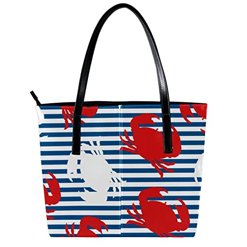 Tote Shoulder Bag for Women, Large Leather Handbags for Travel Work Beach Outdoors Red White Crab Blue Stripes