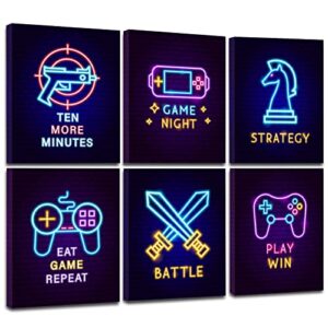 framed gamer room decor, printed neon canvas video game decor colorful gaming themed wall art for bedroom game room boys teens room (set of 6)