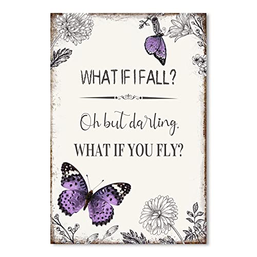 YPY Inspirational Quote Canvas Wall Art : Purple Butterfly Picture Motivational Framed Poster, What if I Fall Positive Sign for Teen Girl Bedroom 10" x 15"