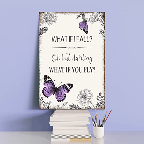 YPY Inspirational Quote Canvas Wall Art : Purple Butterfly Picture Motivational Framed Poster, What if I Fall Positive Sign for Teen Girl Bedroom 10" x 15"