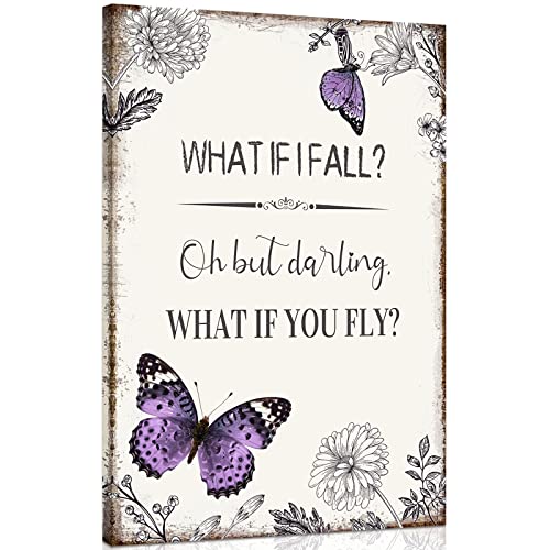 YPY Inspirational Quote Canvas Wall Art : Purple Butterfly Picture Motivational Framed Poster, What if I Fall Positive Sign for Teen Girl Bedroom 10" x 15"