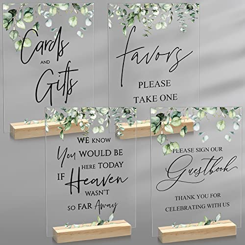 4 Pcs Acrylic Wedding Signs for Ceremony and Reception 8 x 6 Inch Wedding Reception Signs with Wooden Stand Memorial Reserved Table Signs Clear Cards and Gifts Sign for Wedding Guest Book Signs