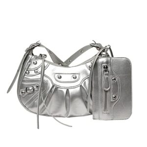 women punk style rivet satchels handbags, pu leather shoulder purse with mini purse, personality vintage crossbody bag (silver)