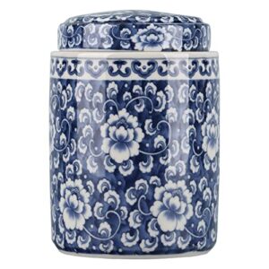 Chinese Traditional Antique Style Blue and White Porcelain Ginger Jar Ceramic Covered Jar Flower Vase with Lid,China Ming Style,China Jingdezhen Design (Cylinder)