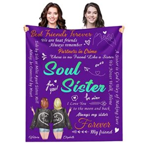 Personalized Best Friend Throw Blanket with Hairstyle Name, Custom to My Bestie Purple Theme Soft Flannel Fleece Throw Blanket for Women Girls, Customized Friendship Gifts for Bestie BFF Soul Sister