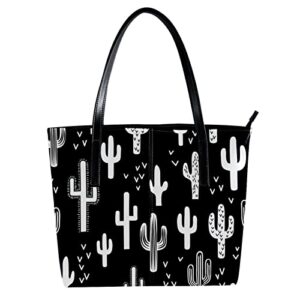women tote shoulder bag, fun western cactus black and white leather work handbag with zipper for teens college students