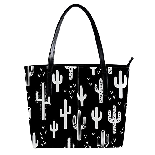 Women Tote Shoulder Bag, Fun Western Cactus Black and White Leather Work Handbag with Zipper for Teens College Students