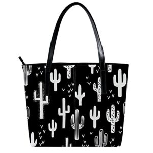 Women Tote Shoulder Bag, Fun Western Cactus Black and White Leather Work Handbag with Zipper for Teens College Students