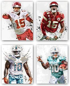tanxm patrick mahomes poster，tyreek hill poster ，rugby player posters， american football posters canvas print wall art man cave gift home decor，set of 4 (8”x 10” ， no frame