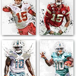 TANXM Patrick Mahomes Poster，Tyreek Hill Poster ，Rugby Player Posters， American Football Posters Canvas Print Wall Art Man Cave Gift Home Decor，Set of 4 (8”X 10” ， No Frame