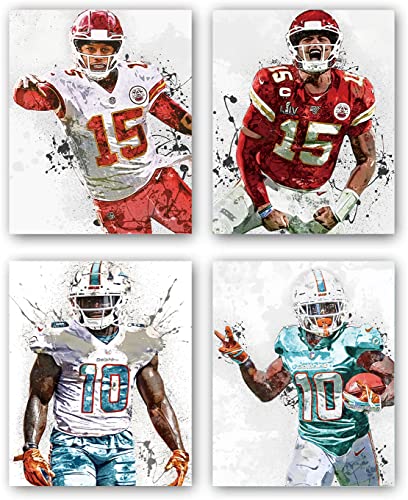 TANXM Patrick Mahomes Poster，Tyreek Hill Poster ，Rugby Player Posters， American Football Posters Canvas Print Wall Art Man Cave Gift Home Decor，Set of 4 (8”X 10” ， No Frame