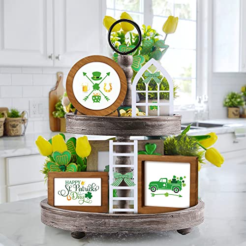 Farmhouse Tiered Tray Decor for Easter/St Patrick's Day/Valentines Decor (Tray Not Included), Rustic Interchangeable Seasonal Decor Set with Wooden Frames, Cards, Arch, Ladder,Easter Table Centerpiece