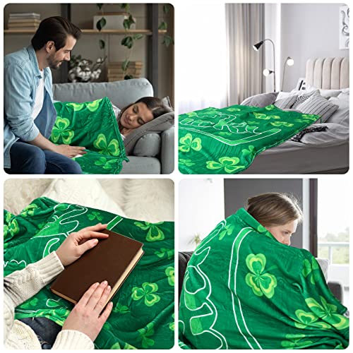 St. Patrick's Day Throw Blankets Lucky Shamrock Soft Flannel Blankets, Ireland Clover Soft Warm Cozy Lightweight Decorative Blanket for Couch, Bed, Sofa, Travel 50 x 60 Inch (Lucky Style)