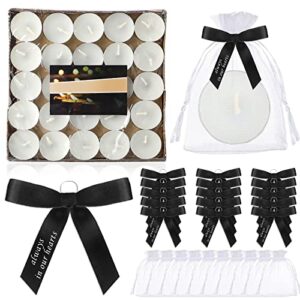 50 set funeral favors memorial tealight candles unscented candles memorial candles with bowknots funeral ribbons and organza bags for guest condolence bereavement funeral decor, black and white