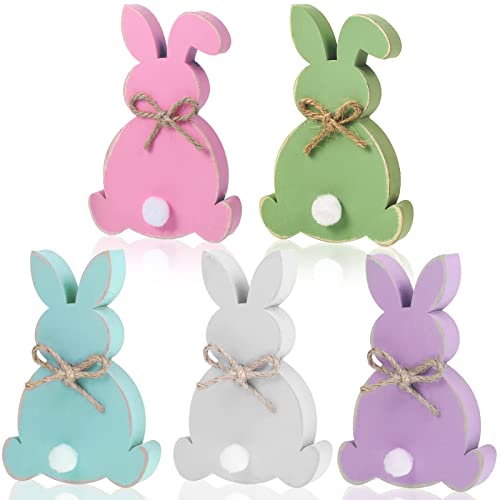 5 Pcs Easter Bunny Wooden Signs Bunny Decor Easter Tabletop Decor Rabbit Shape Table Sign with Jute Rope and Hairball Tail Freestanding Easter Table Decorations for Party (Purple, Pink, Blue, Green)