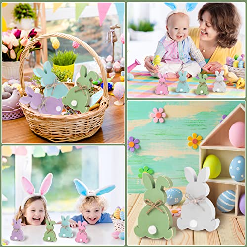 5 Pcs Easter Bunny Wooden Signs Bunny Decor Easter Tabletop Decor Rabbit Shape Table Sign with Jute Rope and Hairball Tail Freestanding Easter Table Decorations for Party (Purple, Pink, Blue, Green)