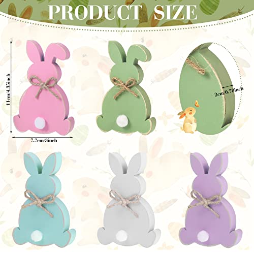 5 Pcs Easter Bunny Wooden Signs Bunny Decor Easter Tabletop Decor Rabbit Shape Table Sign with Jute Rope and Hairball Tail Freestanding Easter Table Decorations for Party (Purple, Pink, Blue, Green)