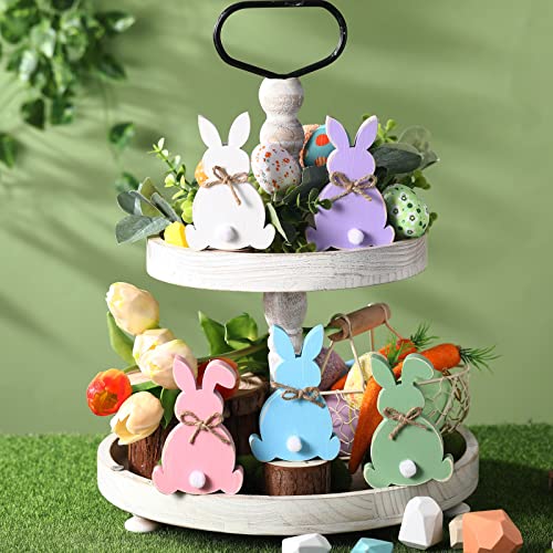 5 Pcs Easter Bunny Wooden Signs Bunny Decor Easter Tabletop Decor Rabbit Shape Table Sign with Jute Rope and Hairball Tail Freestanding Easter Table Decorations for Party (Purple, Pink, Blue, Green)