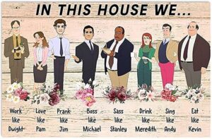teuoqi halloween metal tin sign in this house we work like dwight prank like jim love like pam sass like stanley the office poster wrapped canvas print art 6×8 inch christmas wall decor