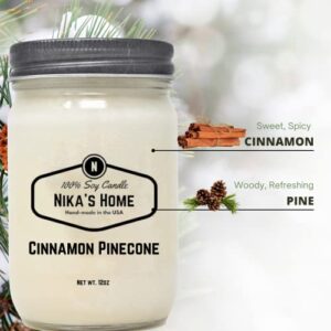 Nika's Home Cinnamon Pinecone Soy Candle 12oz Mason Jar Non-Toxic White Soy Handmade Long Burning 50-60 Hours Highly Scented All Natural Clean Burning Large Candle Gift Décor