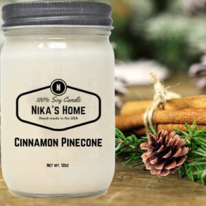 Nika's Home Cinnamon Pinecone Soy Candle 12oz Mason Jar Non-Toxic White Soy Handmade Long Burning 50-60 Hours Highly Scented All Natural Clean Burning Large Candle Gift Décor