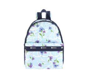 lesportsac ribbons of hope basic backpack/rucksack, style 7812/color g823, artful indigo & violet iris flowers, elegant white ribbons, dreamy aqua blue bag, cancer awareness