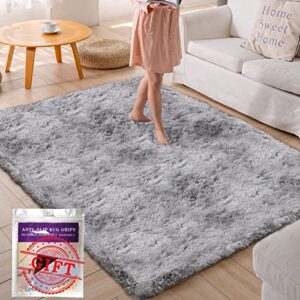 wandergo area rug shaggy rug 4×6 feet with 4 rug grippers, upgrade thick soft furry rug carpet for kids, baby, teen, girls, boys, bedroom, living room, nursery room, dorm room, gray