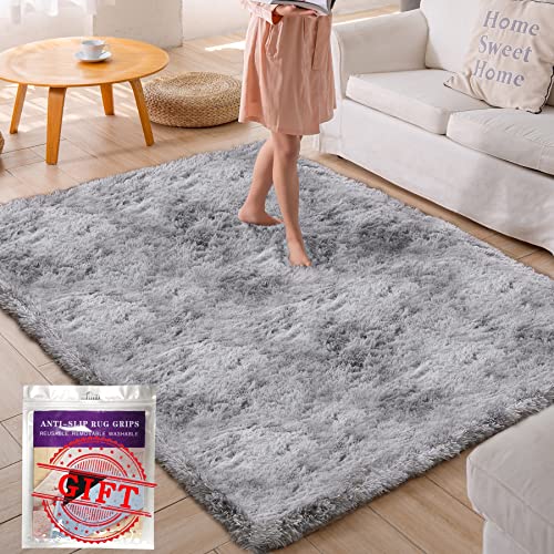 WanderGo Area Rug Shaggy Rug 4x6 Feet with 4 Rug Grippers, Upgrade Thick Soft Furry Rug Carpet for Kids, Baby, Teen, Girls, Boys, Bedroom, Living Room, Nursery Room, Dorm Room, Gray