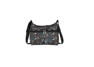 lesportsac evening flare large hobo crossbody bag, style 3710/color e475, festive abstract splashes of color, illuminating interpretative colorful fireworks/flares whimsical design, sleek black bag