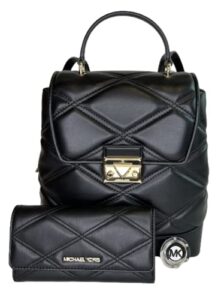 michael kors serena md flap backpack bundled with trifold wallet and purse hook (black)
