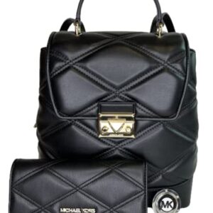 Michael Kors Serena MD Flap Backpack bundled with Trifold Wallet and Purse Hook (Black)