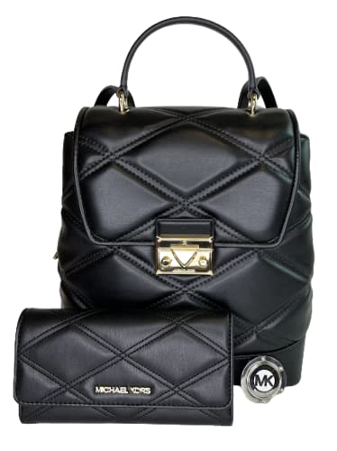 Michael Kors Serena MD Flap Backpack bundled with Trifold Wallet and Purse Hook (Black)