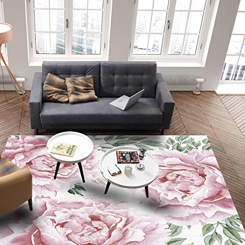 Beautiful and Gorgeous Pink Peony Flower Area Rug, Simple and Fresh Decorative Rug, Portable Fluffy Breathable Washable Very for Game Room Bedroom Living Room Home Decoration Soft 3 x 5ft