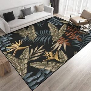 exotic jungle area rugs, gold tropical flowers bird indoor non-slip kids rugs, machine washable breathable durable carpet for living room home decor 3′ by 4′