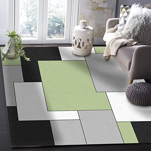 Fresh and Simple Green Geometric Area Rug, Modern Black and White Plaid Interior Rug, Super Soft Fluffy Plush with Non-Slip Backing, Suitable for Living Room Bedroom Study Dining Room 5 x 6ft