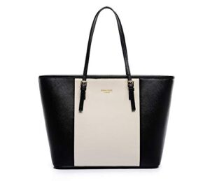 women’s shoulder bag, large capacity vertical zipper open tote bag, women’s handbag (black with white)
