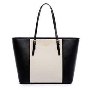 Women's shoulder bag, large capacity vertical zipper open tote bag, women's handbag (Black with white)